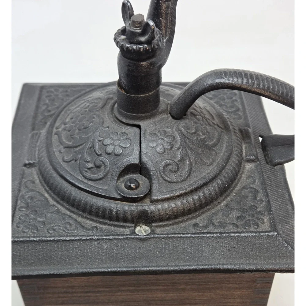 VINTAGE COFFEE GRINDER DOVETAIL WOOD WITH DRAWER & ORNATE CAST IRON TOP